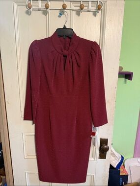 Calvin Klein Burgundy Long-Sleeve Knot-Neck Sheath Dress